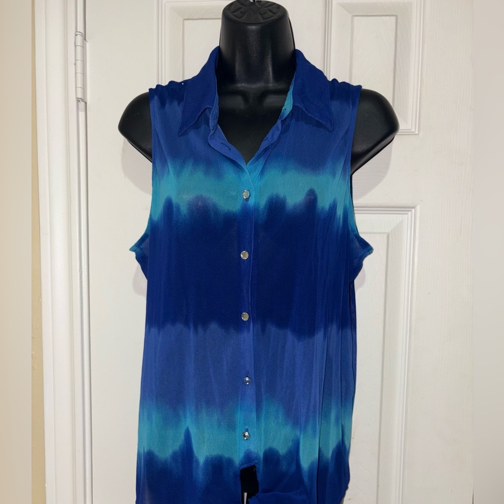 Sleeveless Tie-Front Button Shirt - Blue & Turquoise Blue  Tye Dye